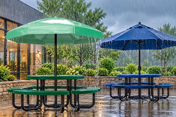 Rainwater running off a commercial patio umbrella canopy